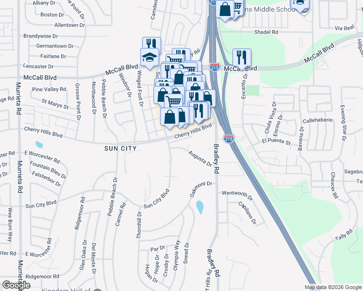 map of restaurants, bars, coffee shops, grocery stores, and more near 26808 Augusta Drive in Menifee