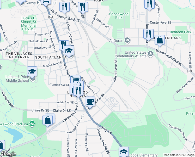 map of restaurants, bars, coffee shops, grocery stores, and more near 1700 Oak Knoll Circle Southeast in Atlanta