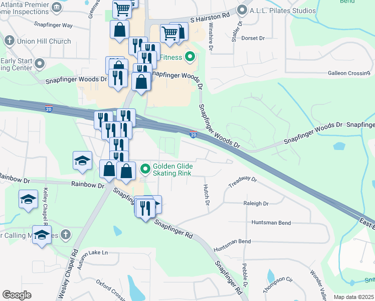 map of restaurants, bars, coffee shops, grocery stores, and more near 2630 Pleasant Wood Drive in Decatur