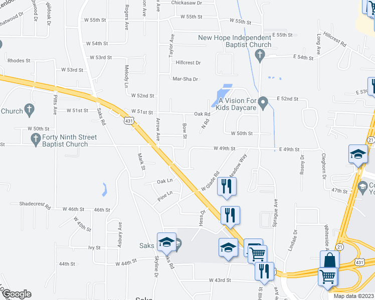 map of restaurants, bars, coffee shops, grocery stores, and more near 4830 Angel Boulevard in Anniston