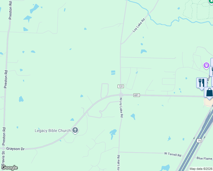 map of restaurants, bars, coffee shops, grocery stores, and more near 141 River Hills Drive in Denison