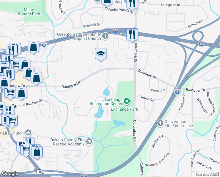 map of restaurants, bars, coffee shops, grocery stores, and more near 2665 Da Vinci Boulevard in Decatur