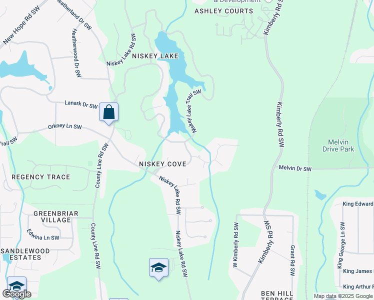 map of restaurants, bars, coffee shops, grocery stores, and more near Niskey Cove Road Southwest in Atlanta
