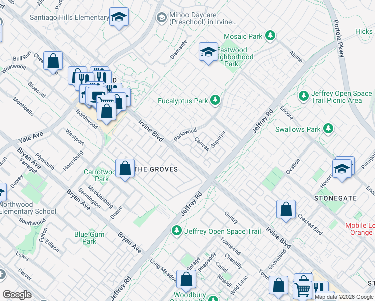 map of restaurants, bars, coffee shops, grocery stores, and more near in Irvine