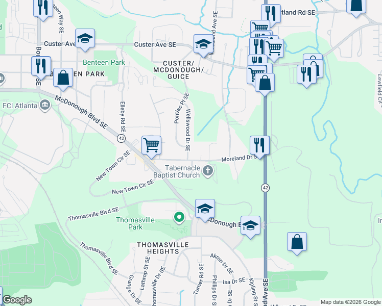 map of restaurants, bars, coffee shops, grocery stores, and more near 1652 Wellswood Dr SE in Atlanta
