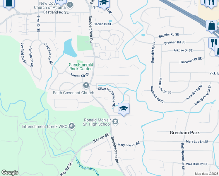 map of restaurants, bars, coffee shops, grocery stores, and more near 3109 Silver Hill Terrace Southeast in Atlanta