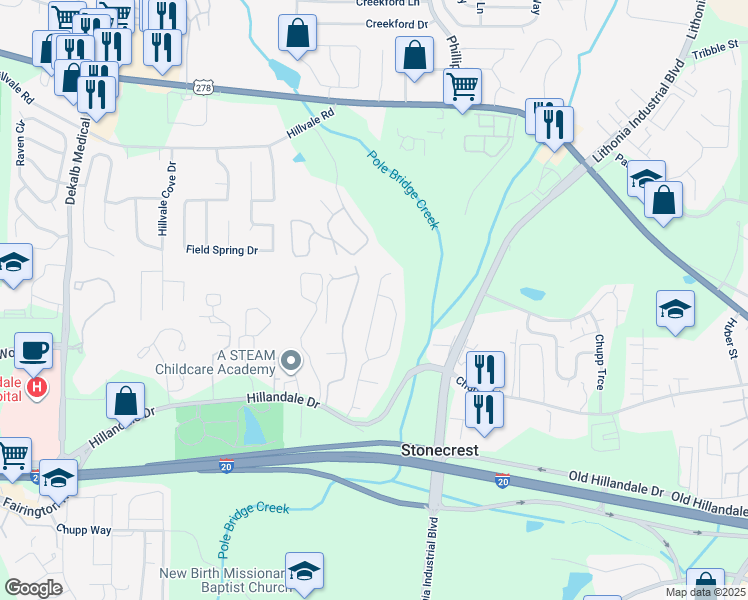 map of restaurants, bars, coffee shops, grocery stores, and more near 778 Hillandale Lane in Lithonia