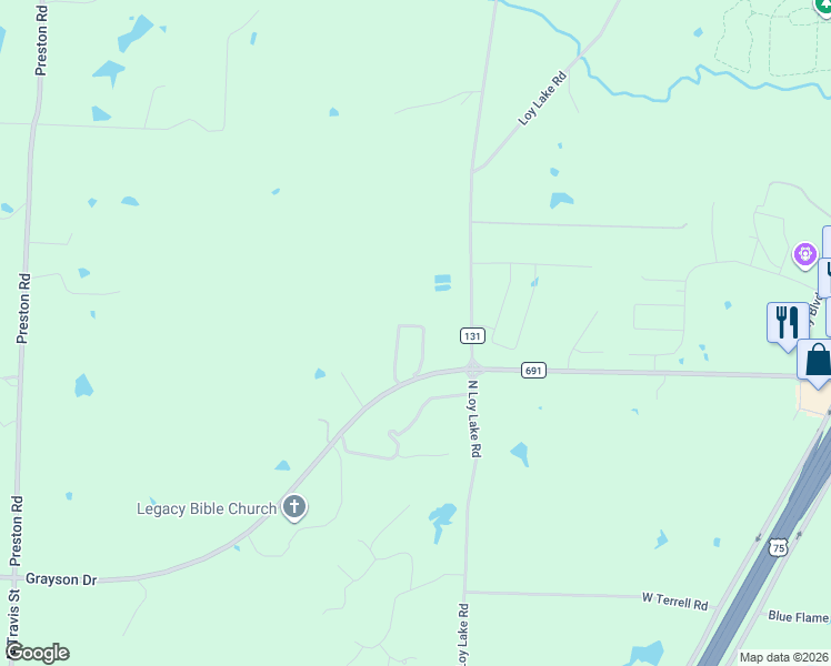 map of restaurants, bars, coffee shops, grocery stores, and more near 141 River Hills Drive in Denison