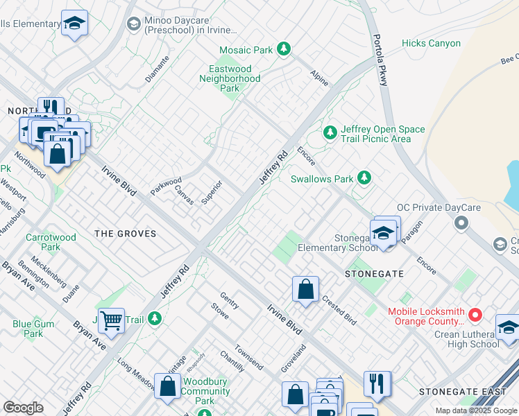 map of restaurants, bars, coffee shops, grocery stores, and more near 101 Devonshire in Irvine
