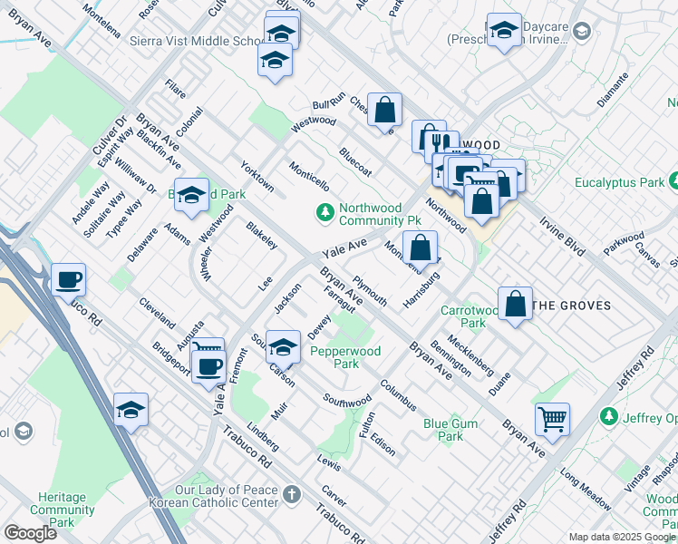 map of restaurants, bars, coffee shops, grocery stores, and more near 53 Plymouth in Irvine