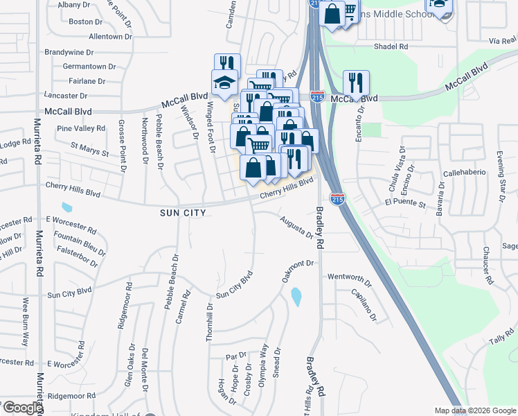map of restaurants, bars, coffee shops, grocery stores, and more near 26766 Augusta Drive in Menifee