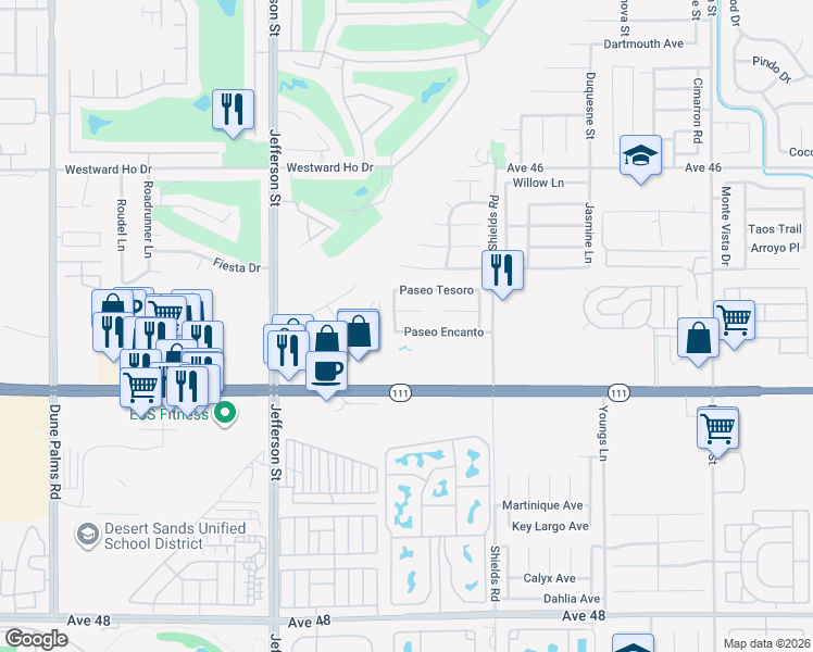 map of restaurants, bars, coffee shops, grocery stores, and more near 80316 Paseo Encanto in Indio