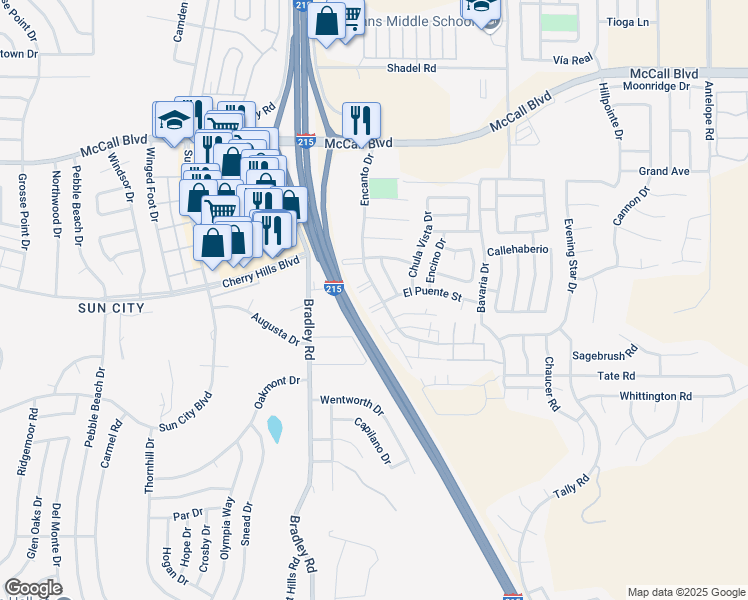 map of restaurants, bars, coffee shops, grocery stores, and more near 77-84 Encanto Drive in Menifee