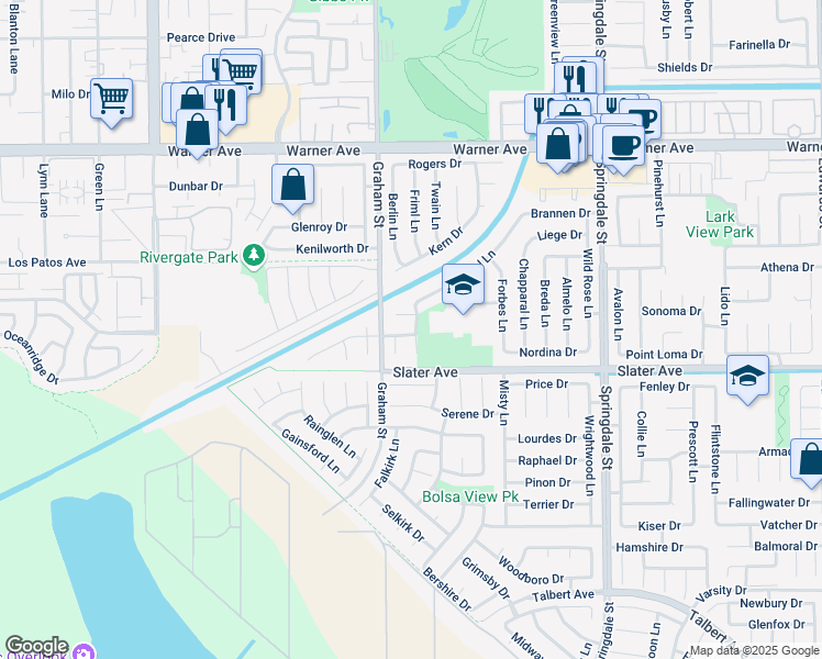 map of restaurants, bars, coffee shops, grocery stores, and more near 5521 Glenstone Drive in Huntington Beach