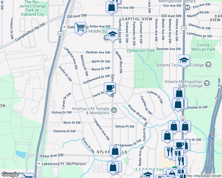 map of restaurants, bars, coffee shops, grocery stores, and more near 1663 Sylvan Road Southwest in Atlanta