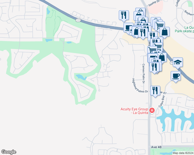 map of restaurants, bars, coffee shops, grocery stores, and more near Mountain Cove Drive & Cabrillo Lane in Indian Wells