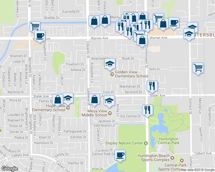 map of restaurants, bars, coffee shops, grocery stores, and more near 17402 Jepsen Circle in Huntington Beach