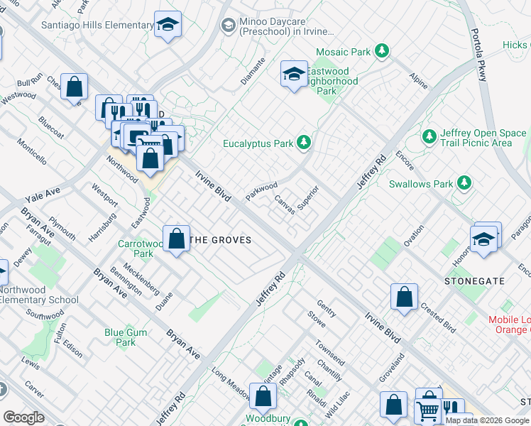 map of restaurants, bars, coffee shops, grocery stores, and more near 206 Bishop Landing in Irvine