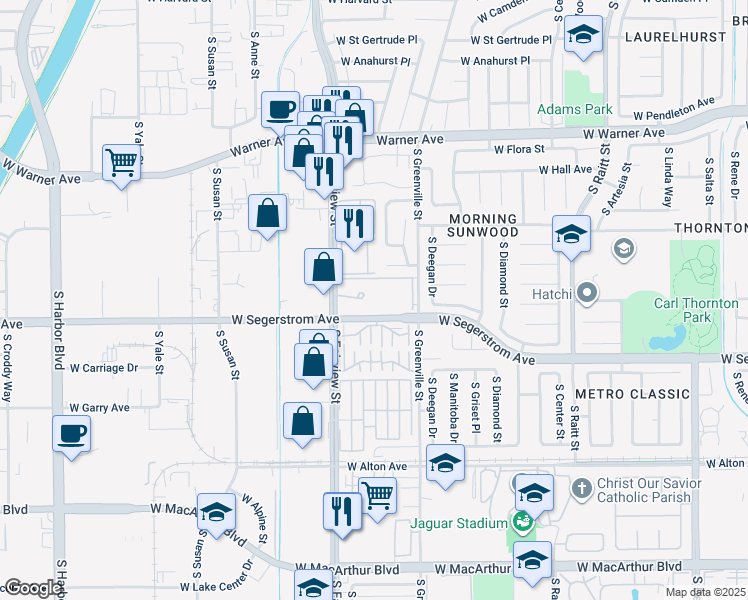 map of restaurants, bars, coffee shops, grocery stores, and more near 2859 South Fairview Street in Santa Ana