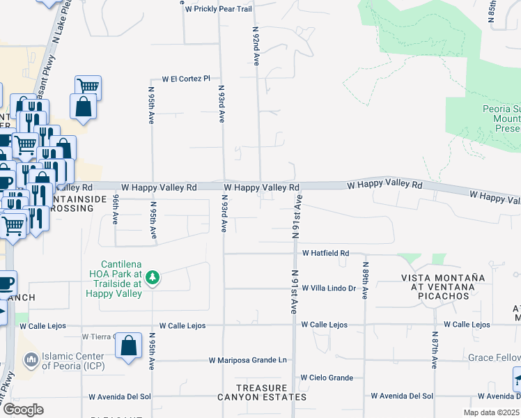 map of restaurants, bars, coffee shops, grocery stores, and more near 23095 North 92nd Avenue in Peoria