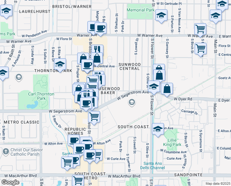 map of restaurants, bars, coffee shops, grocery stores, and more near 2702 South Shelton Street in Santa Ana