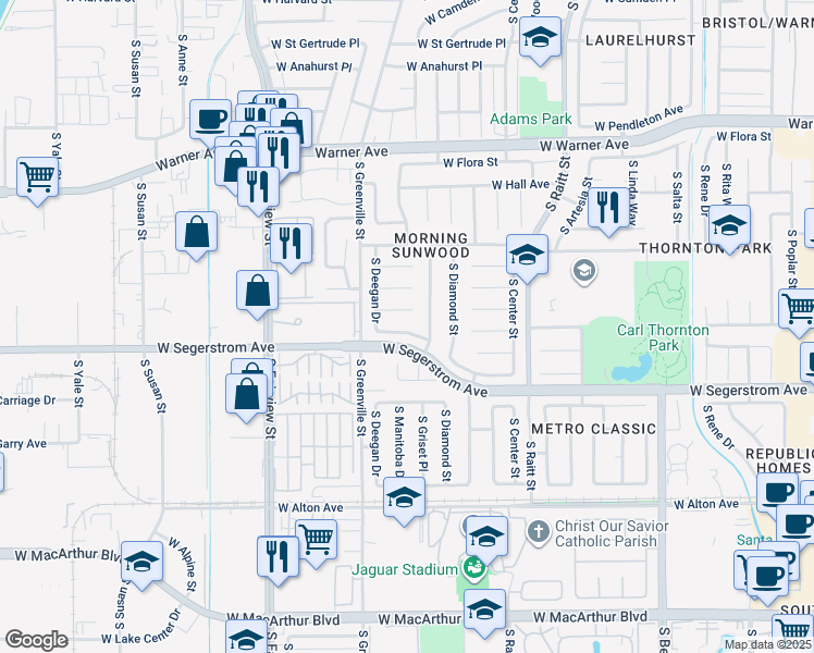 map of restaurants, bars, coffee shops, grocery stores, and more near 2529 West Chandler Avenue in Santa Ana