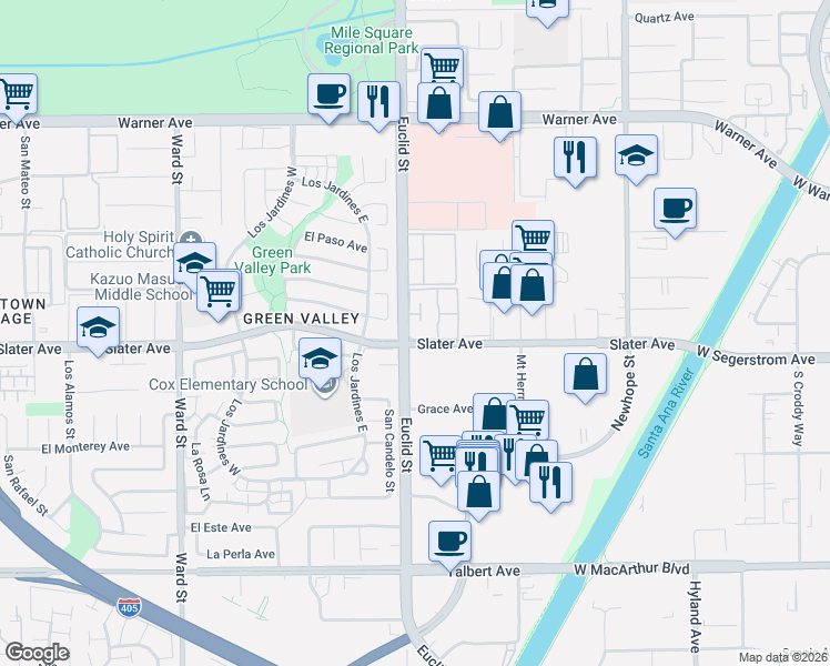 map of restaurants, bars, coffee shops, grocery stores, and more near 11067 Slater Avenue in Fountain Valley