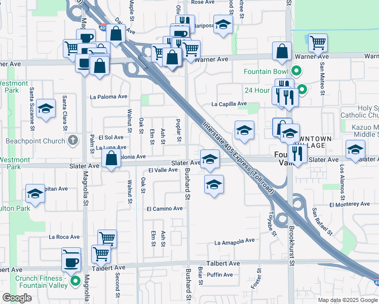 map of restaurants, bars, coffee shops, grocery stores, and more near in Fountain Valley