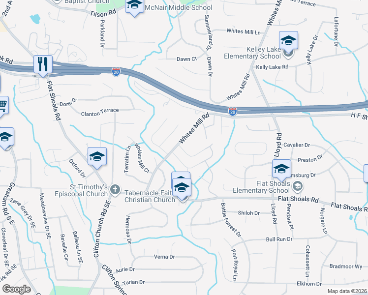 map of restaurants, bars, coffee shops, grocery stores, and more near 2406 Whites Ridge in Decatur