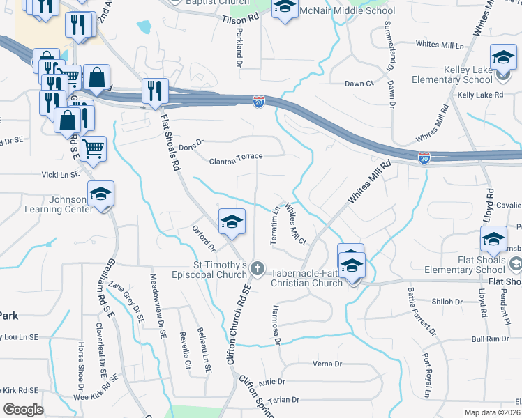 map of restaurants, bars, coffee shops, grocery stores, and more near 2677 Terratim Lane in Decatur