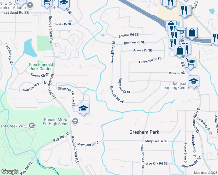map of restaurants, bars, coffee shops, grocery stores, and more near 2683 Rockcliff Road Southeast in Atlanta