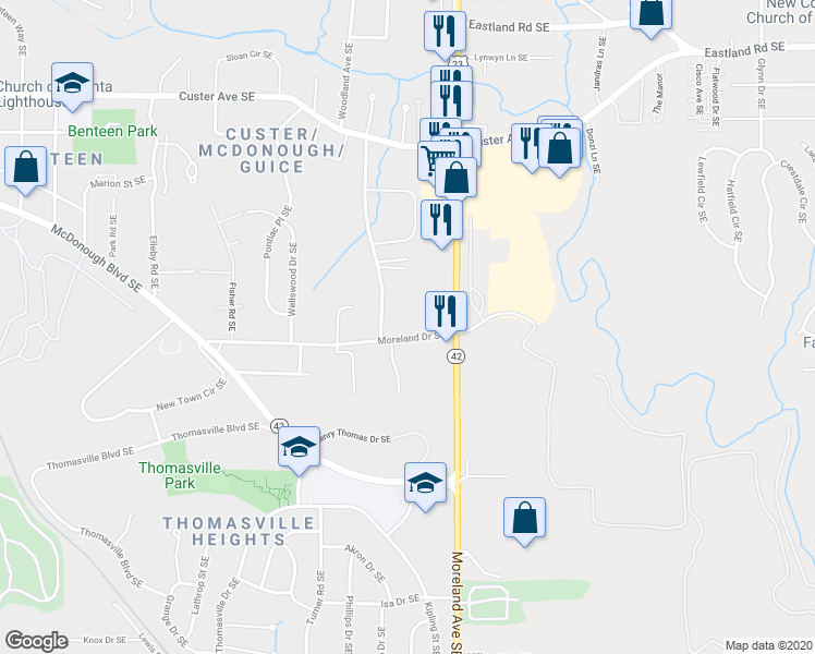 map of restaurants, bars, coffee shops, grocery stores, and more near 1164 Moreland Drive Southeast in Atlanta