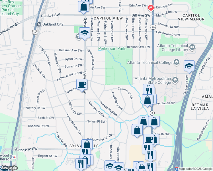 map of restaurants, bars, coffee shops, grocery stores, and more near 812 Woodbourne Drive Southwest in Atlanta