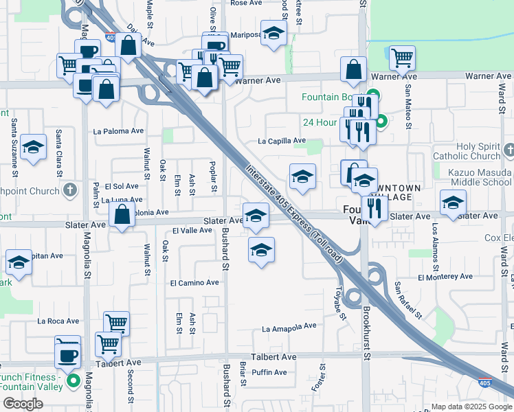 map of restaurants, bars, coffee shops, grocery stores, and more near 17460 Dixie Street in Fountain Valley