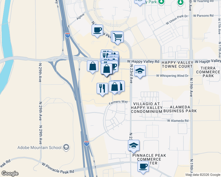 map of restaurants, bars, coffee shops, grocery stores, and more near 2501 West Happy Valley Road in Phoenix
