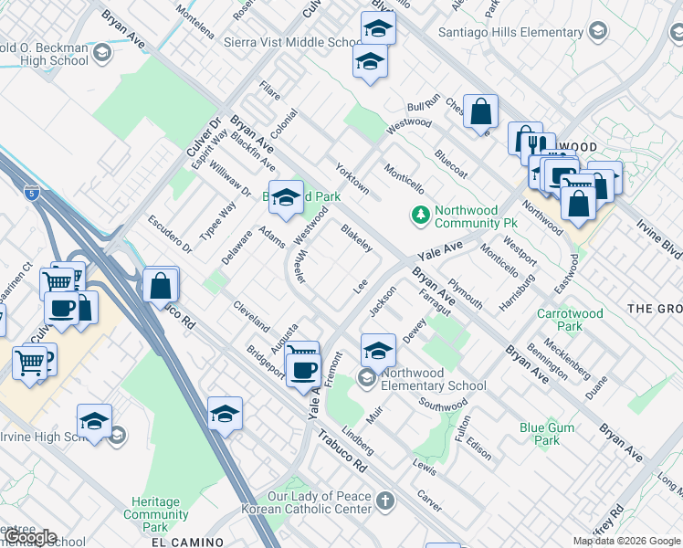 map of restaurants, bars, coffee shops, grocery stores, and more near 19 Davis in Irvine