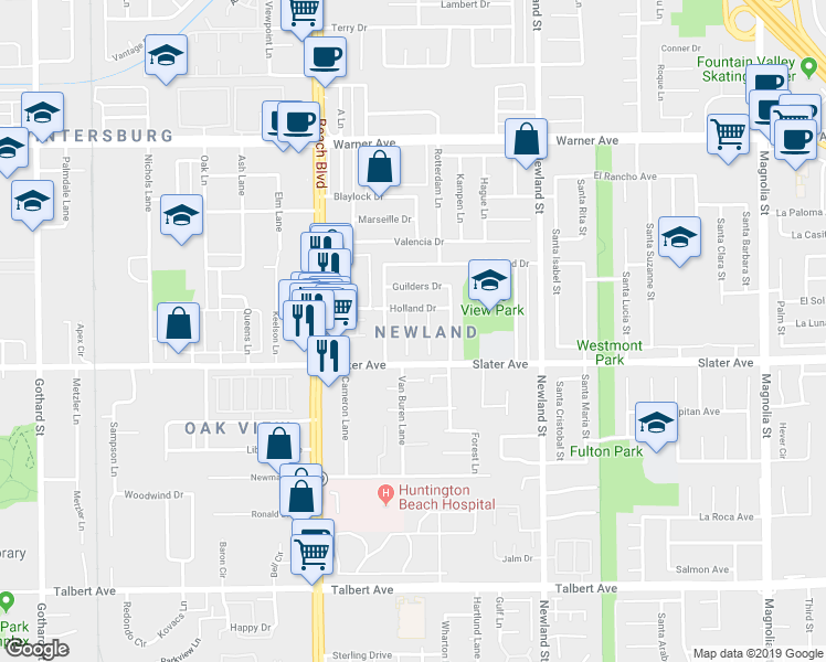 map of restaurants, bars, coffee shops, grocery stores, and more near 17402 Meer Circle in Huntington Beach
