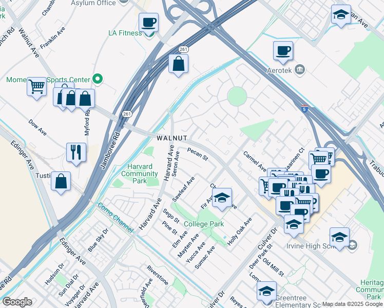 map of restaurants, bars, coffee shops, grocery stores, and more near 3462 Pecan Street in Irvine