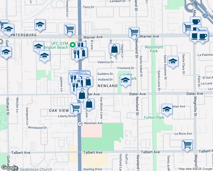 map of restaurants, bars, coffee shops, grocery stores, and more near 17402 Meer Circle in Huntington Beach