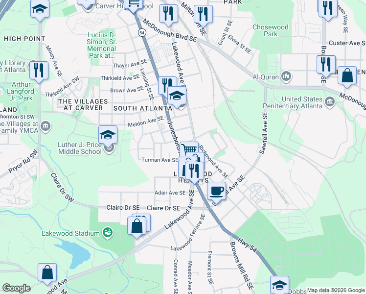 map of restaurants, bars, coffee shops, grocery stores, and more near 1584 Jonesboro Rd SE in Atlanta