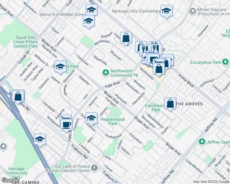 map of restaurants, bars, coffee shops, grocery stores, and more near 46 Plymouth in Irvine