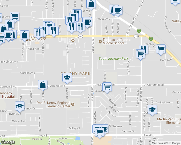 map of restaurants, bars, coffee shops, grocery stores, and more near 46700 Yorktown Street in Indio