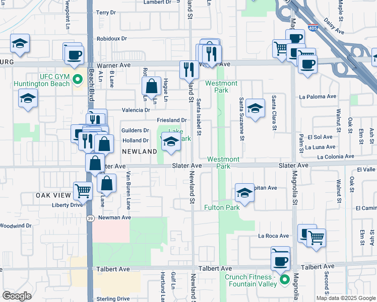 map of restaurants, bars, coffee shops, grocery stores, and more near 17401 Newland Street in Huntington Beach
