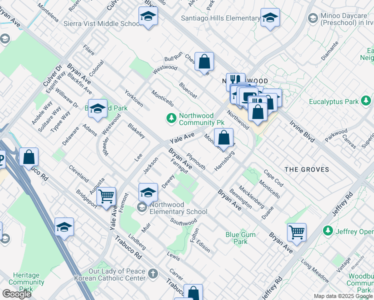 map of restaurants, bars, coffee shops, grocery stores, and more near 46 Plymouth in Irvine