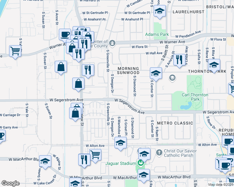map of restaurants, bars, coffee shops, grocery stores, and more near 2529 West Chandler Avenue in Santa Ana