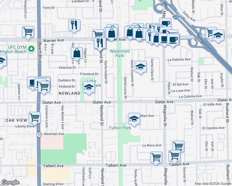 map of restaurants, bars, coffee shops, grocery stores, and more near 17430 Santa Maria Street in Fountain Valley