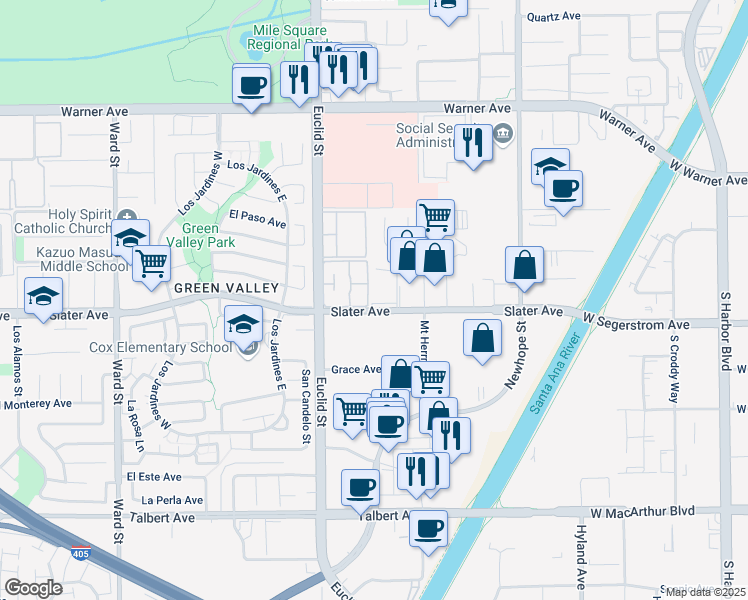 map of restaurants, bars, coffee shops, grocery stores, and more near 11161 Appalachian Street in Fountain Valley