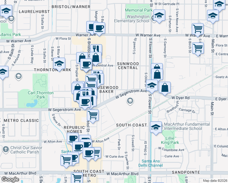 map of restaurants, bars, coffee shops, grocery stores, and more near 2702 South Shelton Street in Santa Ana