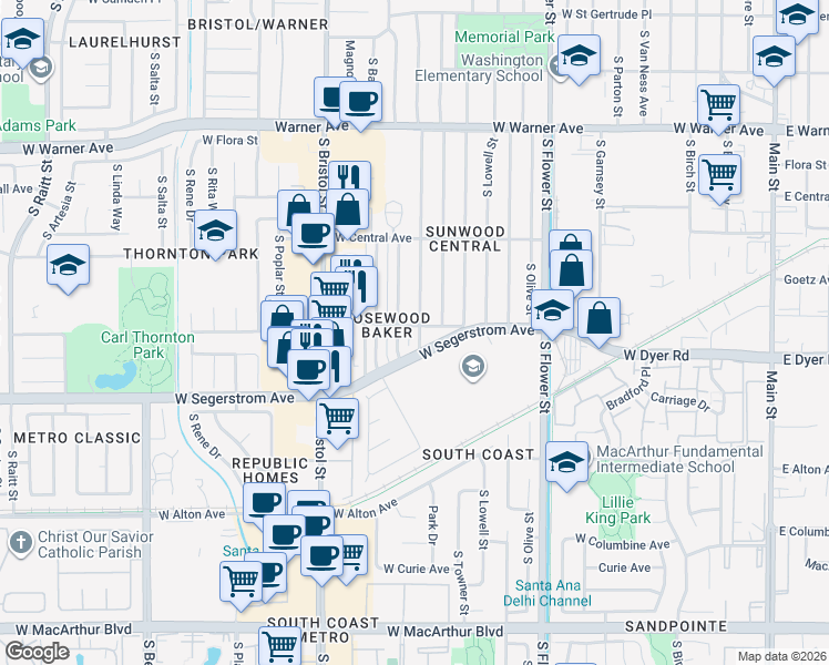 map of restaurants, bars, coffee shops, grocery stores, and more near 2702 South Shelton Street in Santa Ana