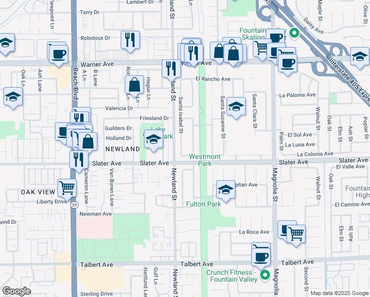 map of restaurants, bars, coffee shops, grocery stores, and more near 17428 Santa Isabel Street in Fountain Valley